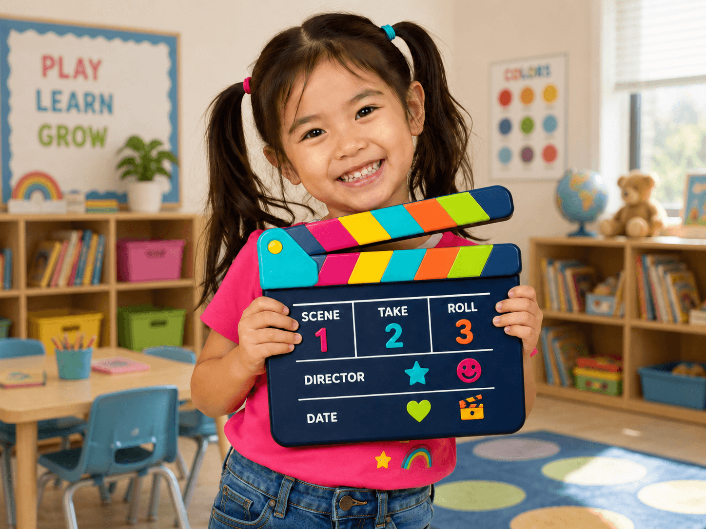 Smiling child holding a colorful clapperboard in a bright preschool classroom